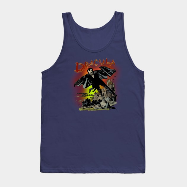 Horror comic scene with Dracula over a gothic castle. Tank Top by MultistorieDog